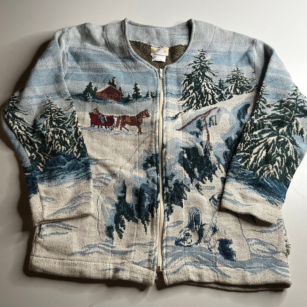 Art Unlimited Sportswear Tapestry Jacket Large Winter Sleigh Horse Scenic Cotton